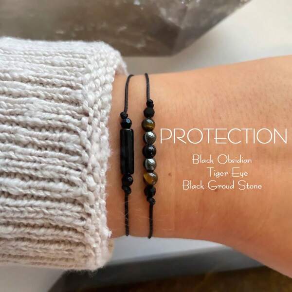 Pulseira de proteção tripla sem cartão, conjunto de pulseiras de proteção empática para homens e mulheres, turmalina negra e obsidiana, bloqueador de energia negativa, 1 conjunto (2 peças)