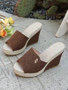 Sandalias de cuña de moda para mujer, pantuflas tipo slip-on con punta abierta en negro, café, burdeos, amarillo abuela, sandalias de tacón alto en gris, zapatos de pescador de suela gruesa para uso en exteriores e interiores - Café integral - Ver 7