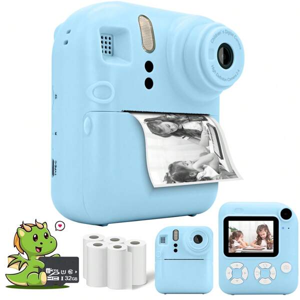 Kids Camera Instant Print, 48MP Photo Instant Camera For Kids With 32GB Card, 1080P HD Digital Child Printable Camera, Gift For 3-12 Year Old Girls Boys Blue