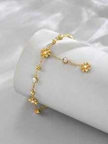 1 peça tornozeleira feminina dourada de aço inoxidável com zircônia e borla de flor, joia da moda banhada a ouro 18K