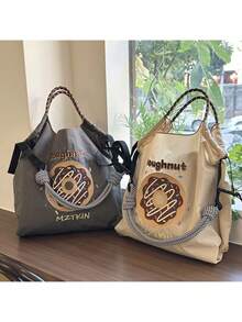 1pc New Casual Embroidered Donut Pattern Foldable Nylon Large Capacity Tote Bag, Adjustable Shoulder Strap, Suitable For Commuting, Beach, Party - Multicolor - View 1