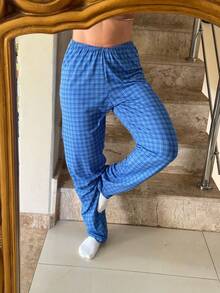 Women's Comfortable Cotton Plaid Sleepwear Pajama Pants - 水鴨藍 - 查看 3