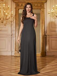 SUPGIR Elegantes Umstands-Abendkleid für Damen mit quadratischem Ausschnitt, fließenden Ärmeln, Perlenbesatz und Tüll, doppelseitig - Schwarz - Übersicht 2