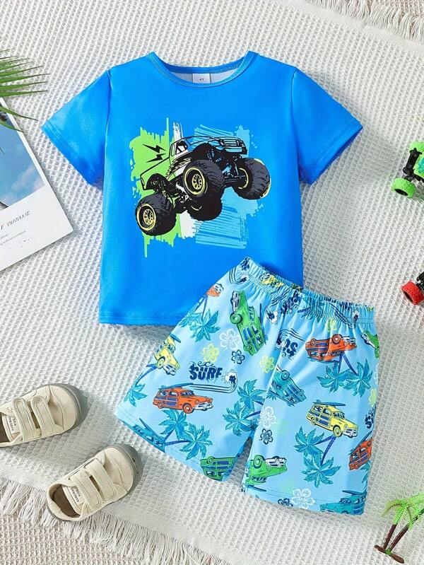 2pcs/Set Toddler Boys Knit Beach Car Print Short Sleeve T-Shirt And Shorts Pajamas Set