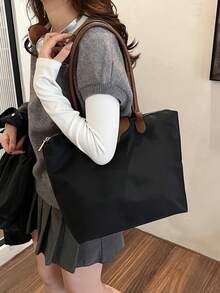 新款女士大容量尼龙休闲纯色托特包、单肩包、饺子包 - 棕色 - 查看 6