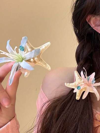 Haarspange im Meerjungfrau-Prinzessin-Stil mit Blumen, Muscheln und Beeren als Haarschmuck für Strandurlaub-Fotografie, süße Haaraccessoires für Frauen, Haarklammern, Haarspangen