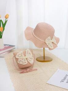 2pcs/Set Girls Princess Straw Bow Sun Hat & Bag, Cute Princess Style Sunhat & Beach Bag Set For Summer Vacation - Bow - View 8