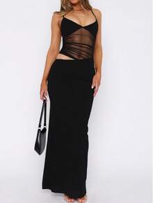 Women's Slip Maxi Dress Knit Sexy Lounge Low Cut Sleeveless Backless Hollow Ribbed Bodycon Dresses Long Dress - màu đen - Xem 4