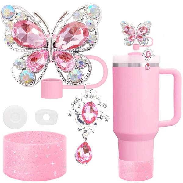 Shiny Butterfly Straw Topper Set, Including Dust-Proof & Reusable Straw Covers For 0.4" Diameter Straws And Shiny Silicone Boot And Clipped-On Decorative Tip Design, Perfect For Holiday Celebrations & Everyday Use, Back To School Supplies