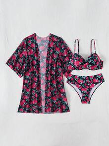 3pcs/Set Women's Elegant Floral Print Bikini Swimsuit Set, Versatile Beach Resort Outfit, Summer - Multicolor - View 9