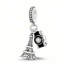 1 Colgante de Torre Eiffel y cámara de plata, con circonita sintética engastada, bañado en plata, con cuentas de estilo vacacional, adecuado para joyería DIY, uso diario para mujeres, accesorios para fiestas, regalo ideal