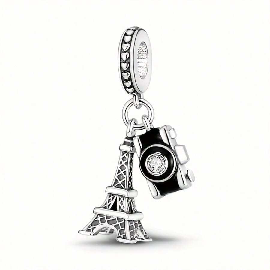 1 Colgante de Torre Eiffel y cámara de plata, con circonita sintética engastada, bañado en plata, con cuentas de estilo vacacional, adecuado para joyería DIY, uso diario para mujeres, accesorios para fiestas, regalo ideal