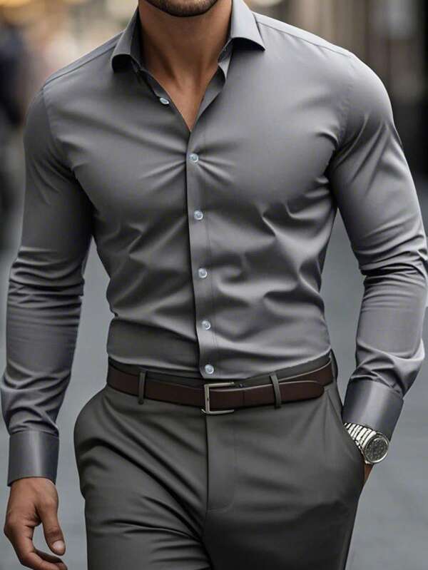 Men's Solid Color Formal Dress Shirt With Button Design, Long Sleeve, Solid Color