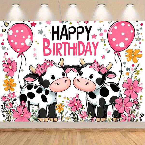 1pc Cute Cow Theme Birthday Party Backdrop | Polyester With Adorable Cartoon Cows, Pink Flowers And "Happy Birthday" Design | Great For Photo Booth And Cake Table Decor Banner Tapestry Room Decor Flag Birthday Decorations Party Decorations