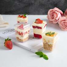 25/50/100pcs 5 Oz Plastic Dessert Cups With Lid And Spoon , Yogurt Parfait For Party Appetizers, Mini Desserts, Mousse, Pudding, Fruit, Jelly Cheesecake And Ice Cream Square Plastic Cup Cheese Cake Cup