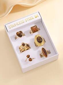 6pcs Stainless Steel Retro Gold-Tone Rings Set, Inlaid Brown Gemstones, Available In Gift Box, Suitable For Women's Daily Wear Or As Gift - Yellow Gold - View 2