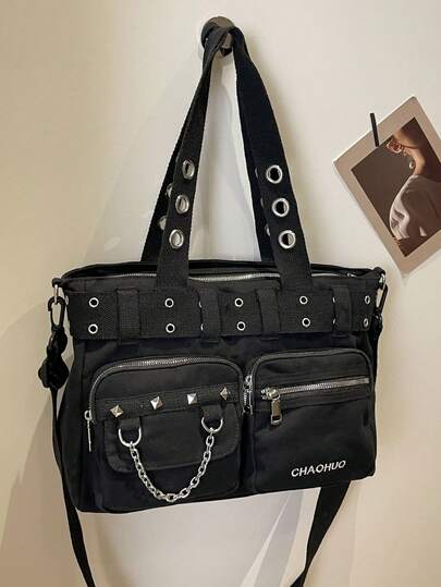 Bolso de tela grande de estilo casual punk rock inspirado, bolso de hombro y bandolera de tela de nailon, nueva colección primavera 2024