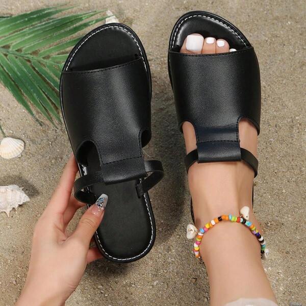 Korean Style Casual Flat Slides For Women, Summer Open Toe Beach Sandals, New Vintage Ladies Outdoor Slippers In White, Green, Black, Beige, Brown