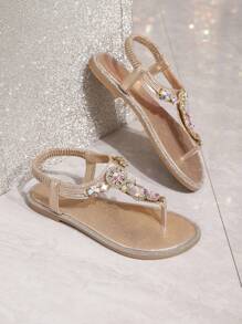 New Women Round Toe Flat Sandals, Elegant & Comfortable, Rhinestone Decor, Suitable For Party