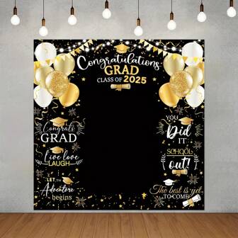 Zwart-gouden afstudeerfeestachtergrondbanner 2025 - Gefeliciteerd met je afstuderen met ballonnen, sterren en confetti - perfect voor afstudeerfeesten en fotomomenten, afstudeerfeestdecoratie