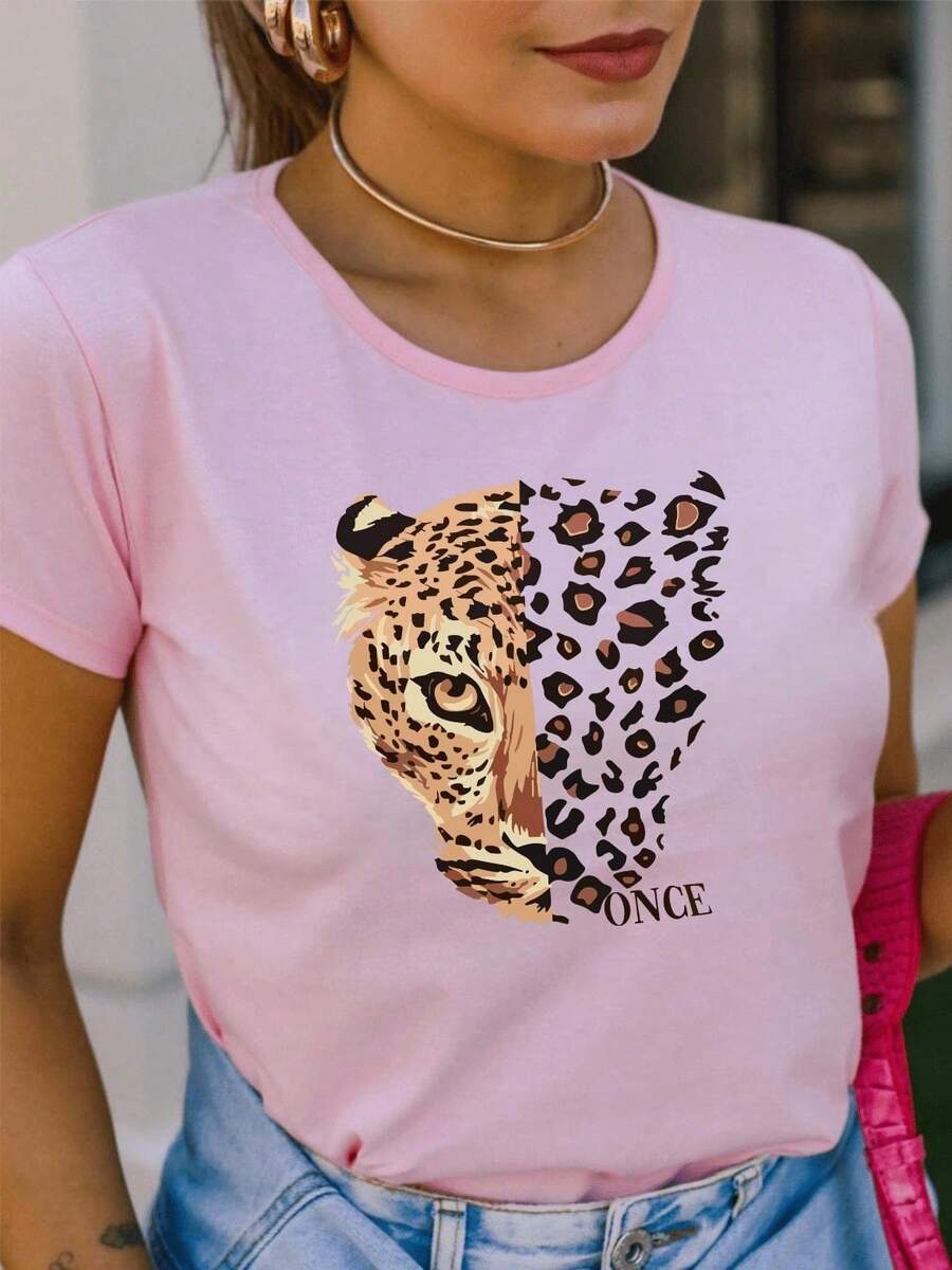 Unisex Leopard Print Oversized Cotton Short Sleeve T-Shirt - Baby Pink - View 1