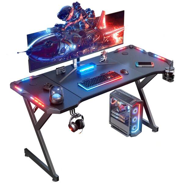 HLONONE LED Gaming Schreibtisch, Gaming Tisch mit LED, Stabiler PC Tisch mit Kohlefaserbeschichtung, Gamer Tisch mit Getränkehalter und Kopfhörerhaken, Schwarz