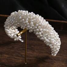 1pc Handmade Crystal & Pearl Bridal Headband, Elegant Round Shaped Pearl Hair Hoop Crown Vintage Wedding Hair Accessories, Fabric & Faux Pearl
