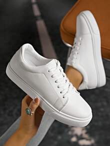 Women Plus Size Fashion White Sneakers, Flat Casual Sports Shoes, Lace-Up School Student Versatile Trainers - White - View 5