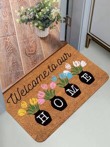 1pc Flower & Text Printed Doormat, Soft Coral Velvet Rectangular Non-Slip Absorbent Mat, Suitable For Entryway, Bedroom, Home Use - Multicolor - View 7