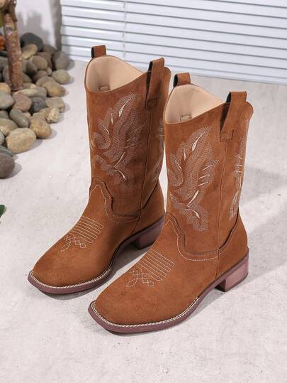 Women's Thick Heel Suede Material Pull-On Embroidered Brown Western Boots, Square Toe Mid-Calf Shaft Casual Riding Boots, Fashion Versatile Short Shaft Cowgirl Boots, Fall/Winter New,Cowboy Boots,Coachella