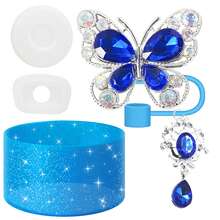 Set de decoraciones para sorbetes con mariposa brillante, que incluye tapas reutilizables y a prueba de polvo para sorbetes de 0.4" de diámetro, además de una base brillante de silicona y un diseño decorativo con clip, perfecto para celebraciones festivas y uso diario, útiles para volver al colegio - Multicolor - Ver 10
