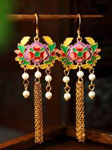 1 Pair New Chinese Style National Elements Earrings, 24k Gold-Plated Enamel Painting, Fashionable & Versatile Retro Vintage Earrings, Suitable For Daily Wear, Dates, Gatherings, Commuting, Parties, Dances. Elegant And Unique, Great Mother's Day, Teachers Day Gift, High-End Bohemian Fashion Jewelry