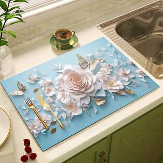 1 pieza Tapete de secado de máquina de café con estampado floral - Almohadilla de drenaje con estampado de diatomita, tapete de encimera de cocina, tapete para utensilios - Material suave de diatomita apto para encimera de cocina, aplicable para máquinas de café, cafeteras express, etc.