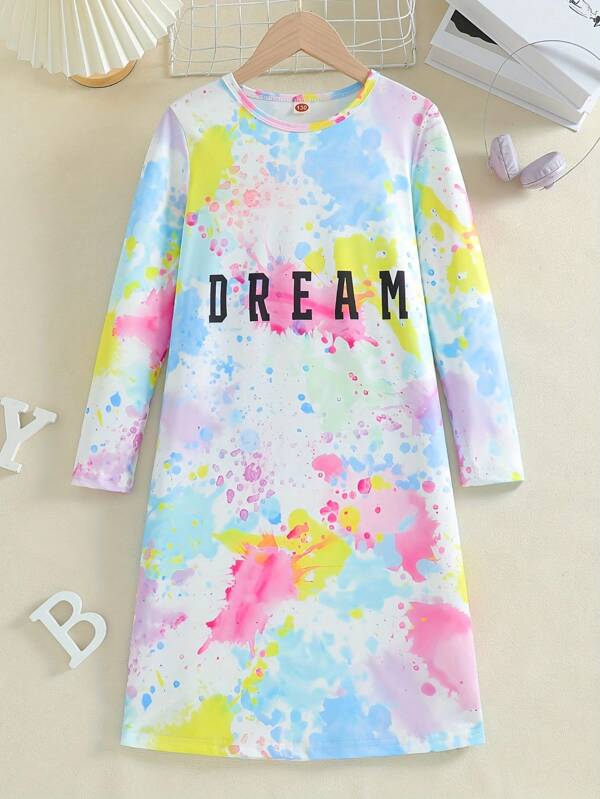 1pc Girls Oversized Tie-Dye Letter Print Long Sleeve Knit Nightgown, Suitable For Spring, Summer, Autumn