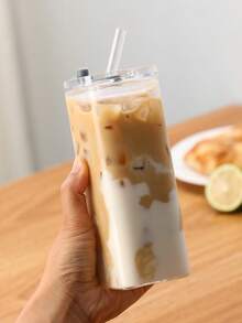 1 件方形透明玻璃杯，带吸管和盖子，时尚可重复使用的冰咖啡饮用杯，耐用轻便的玻璃水瓶，非常适合冰沙、果汁和冷饮，适合家庭、办公室和外出时使用，露营杯，厨房饮具，万圣节装饰，厨房装饰，咖啡杯，沙特咖啡杯 - 彩色 - 查看 5