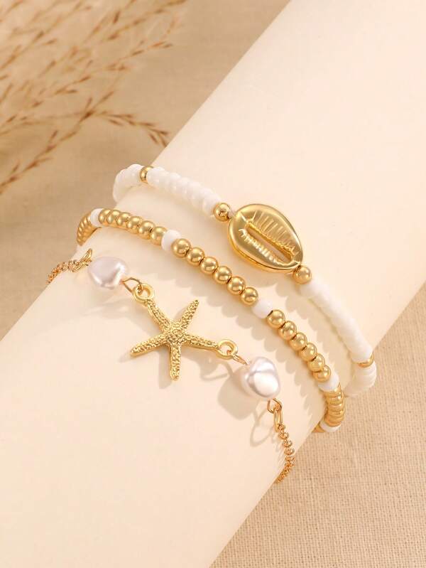 Set de 3 piezas de pulsera y tobillera bohemia de mujer con conchas y cuentas, diseño de estrella de mar y concha, para vacaciones en la playa y uso diario