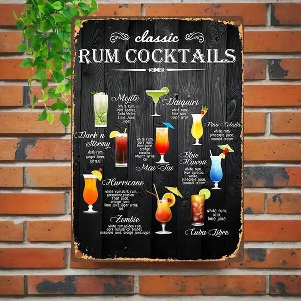 1 pezzo Vintage Rum Cocktail Insegna Metallica - Arte da Parete Bar Classica, Design Piatto 2D, Adatto per Casa, Giardino, Bar, Caffè, Decorazione Stanza, Metallo Durevole, Fori Pre-Perforati - Stile Foro Forniture Scolastiche Casuali, Ritorno a Scuola