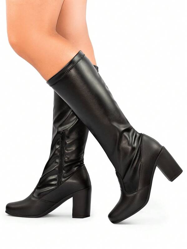 Lumiss Bota Feminina Montaria Salto Alto Grosso Cano Longo Stretch Bico Quadrado Lumiss