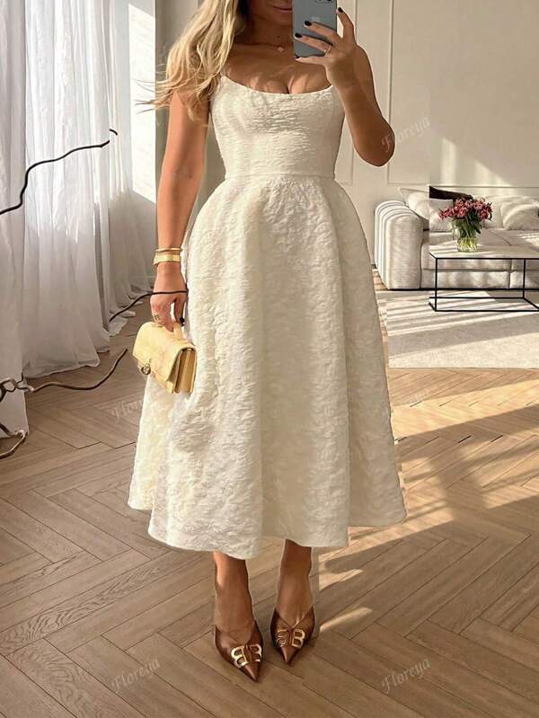 Vestido de fiesta de boda talla grande Floreya, vestido midi blanco sin mangas elegante de corte ajustado de cintura estrecha en unicolor, de estilo francés elegante