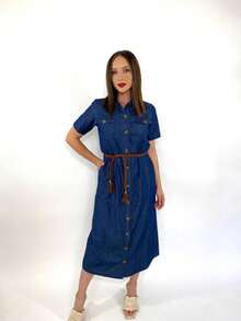 Vestido largo  Liso  Casual    Cinturón - Azul - Ver 2