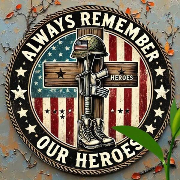 Room Decor Patriotic Army Boots & Cross Iron Wall Art, 7.87" Round Metal Sign, Indoor & Outdoor Decor For Home, Office, Bar, Club, Cinema, Cafe, Bedroom, American Flag & Military Themed Art Decoration