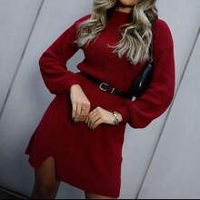 Winter Elegant Knitted Mousse Dress Side Slit Cold Fashion Casual Split Knitted - Đỏ - Xem 1
