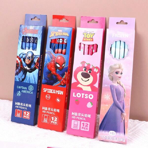 Disney 12pcs Disney Cartoon Round Pencils, Elementary Student Learning Supplies, Awards/Gifts, HB Pencils 12pcs In A Box, Spider-Man-Red, Elsa-Purple, -Blue, -Pink, With Erasers, School Supplies, Back To School