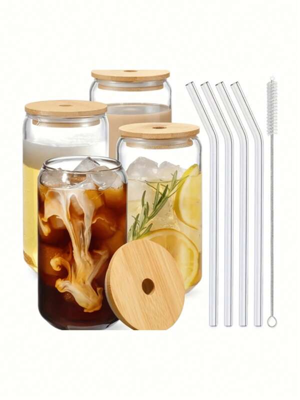 4 pailles ou 1 tasse, tasse de 16 oz /500 ml avec couvercle et paille, tasse de bocal Mason, tasse à café glacé, tasse en verre avec couvercle en bambou, tasse mignonne, bière, paille réutilisable et nettoyeur de paille pour restaurant/hôtel/entreprise