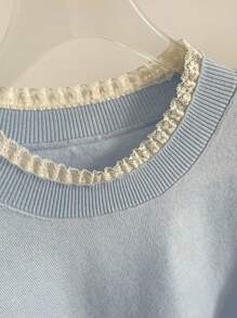 Summer New Arrival Simplistic Lace Trim Blue Short Sleeve Knit Top