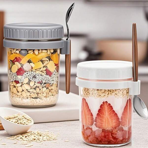 Set de 2 vasos de vidrio para avena overnight con tapa y cuchara, taza hermética tipo frasco Mason para desayuno, ensalada, yogur, ensalada, vaso portátil para excursiones, picnics, campamentos, vaso para avena overnight con cuchara y tapa