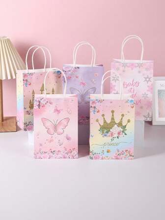 5pcs/Pack Pink Romantic Crown & Castle Design Gift Bags, Ideal For Flower Gift Packaging, Party, Birthday Celebrations