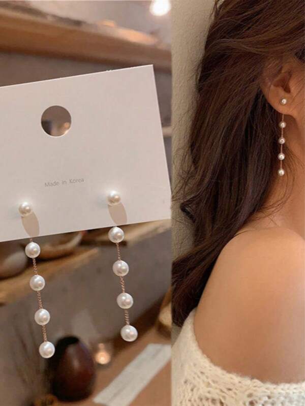 2pcs Simple Vintage Pearl Tassel Earrings, Elegant & Fashionable Jewelry For Women