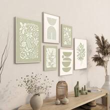 6pcs/Set Boho Green Plant & Floral Wall Art Canvas Posters, Minimalist Gallery Wall Decor For Living Room, Bedroom, Office, Cafe, Bar, Dining Room, Dorm, Hallway, Home & Room Decor, Optional Frame ,Wall Art With Frame