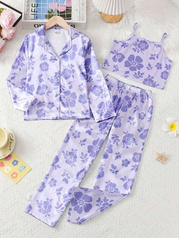 3pcs/Set Girls Comfortable Flower Printed Camisole & Pants Pajama Set, Satin-Like Fabric